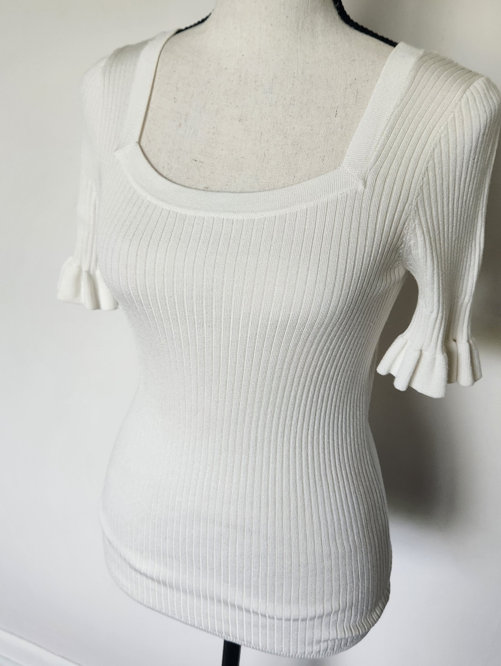 Sandro Paris Jodie Ruffle Sleeve Ribbed Knit Square Neck White Effortless S